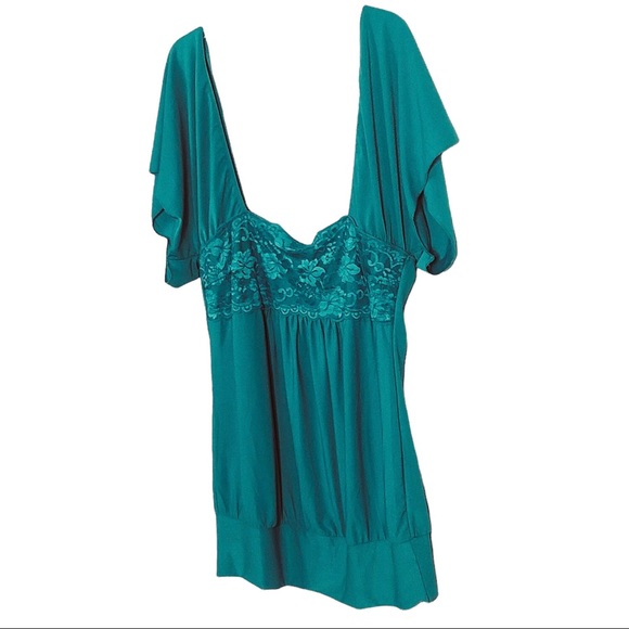 Lia Lee Off The Shoulder Turquoise Blue stretch Lace soft silky Top Size L - Picture 7 of 12